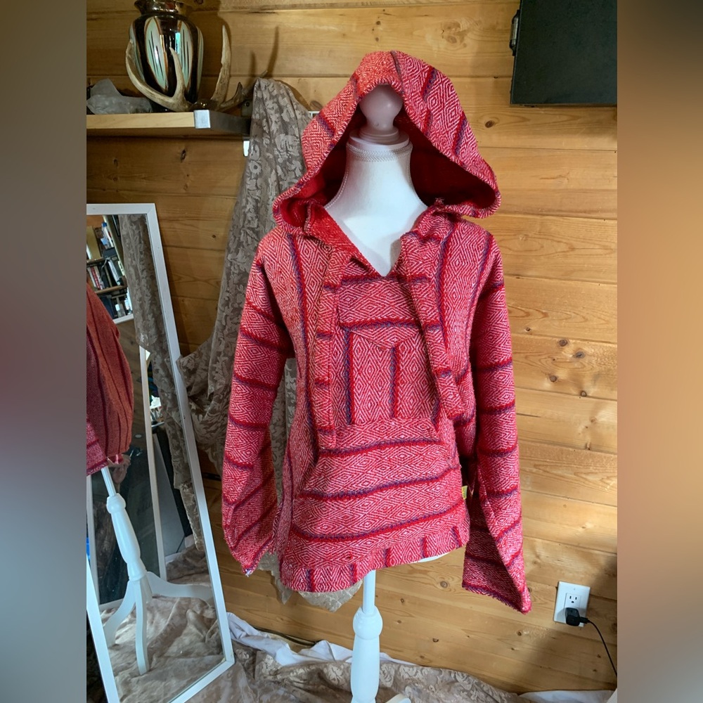 Red Fleece Hooded Baja Sweater Kids Unisex Large Skater Artist
